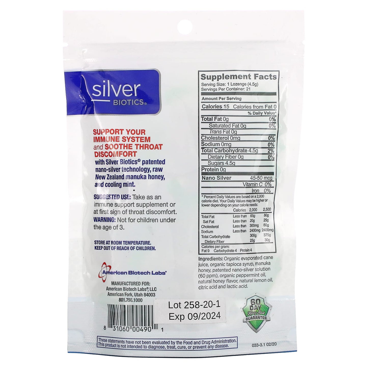American Biotech Labs, Silver Biotics, Silver Lozenges with Manuka Honey, 21 Lozenges UPC 831060004901 | Hilife Vitamins