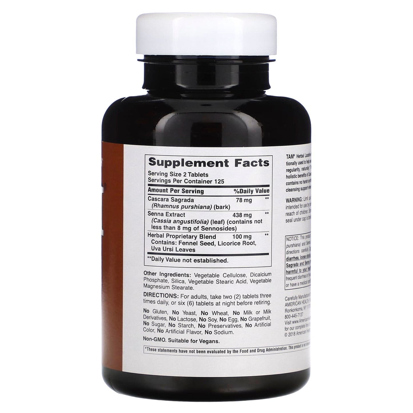 American Health, Tam Herbal Laxative, 250 Tablets UPC 076630021838 | Hilife Vitamins