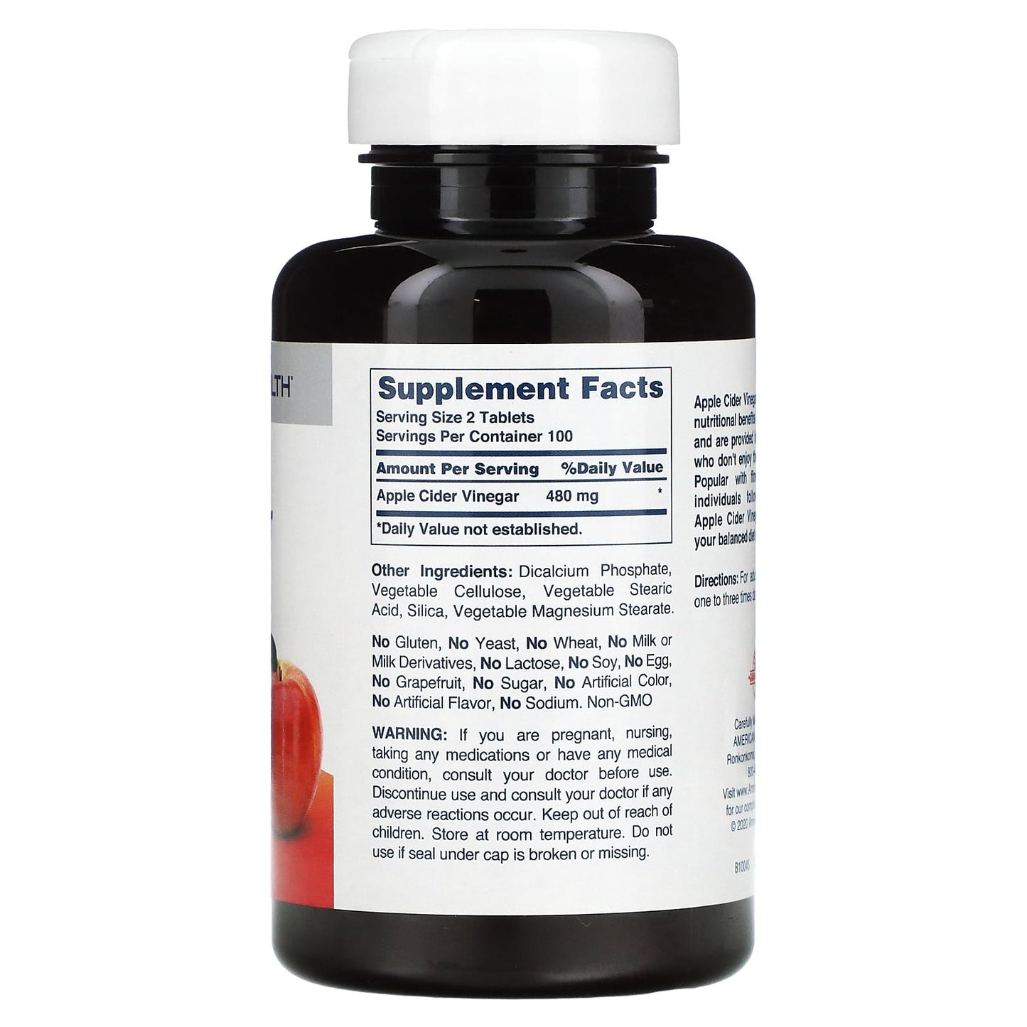 American Health, Apple Cider Vinegar 480mg, 200 Tablets UPC 076630029414 | Hilife Vitamins