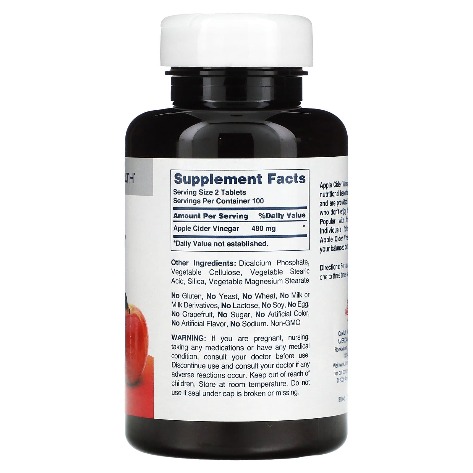 American Health, Apple Cider Vinegar 480mg, 200 Tablets UPC 076630029414 | Hilife Vitamins