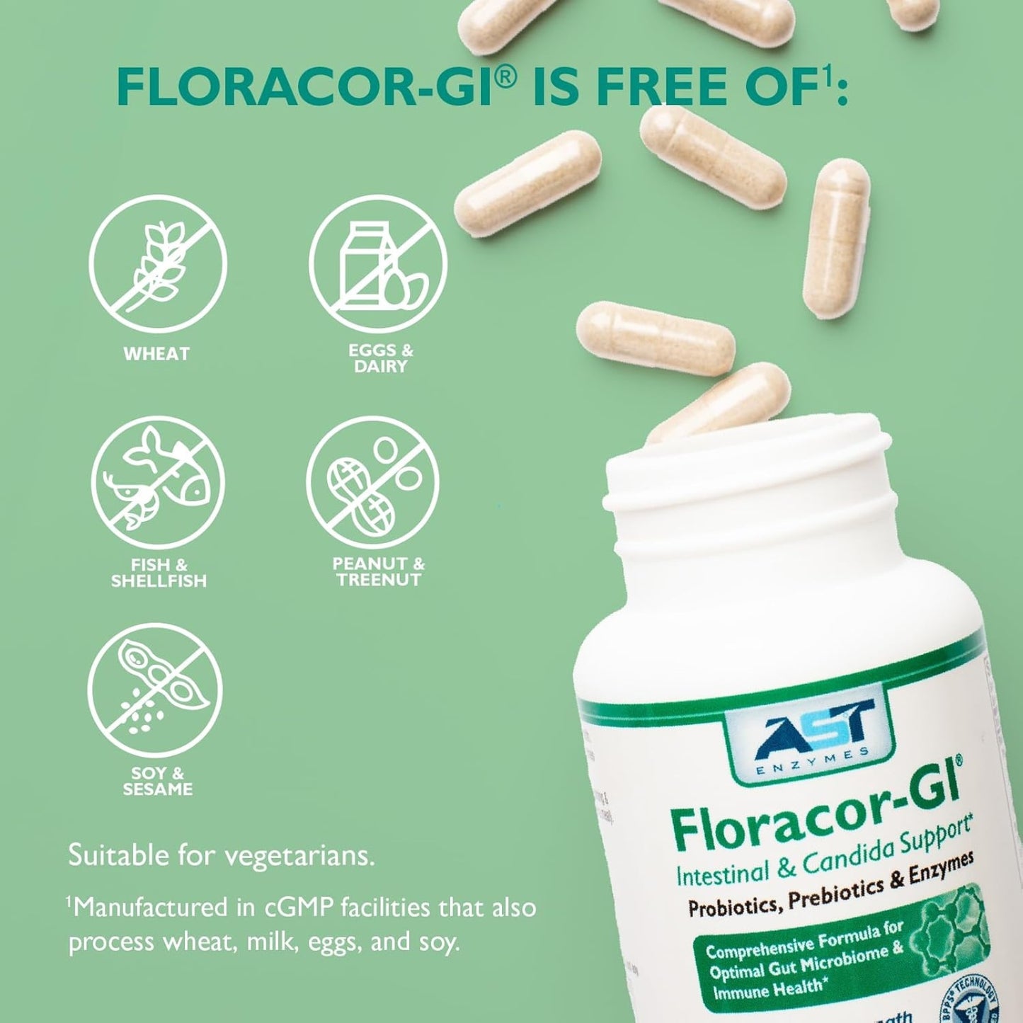 AST Enzymes, Floracor-GI®, 180 Vegetarian Capsules UPC 850213002038 | Hilife Vitamins