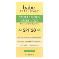 Babo Botanicals, Super Shield SPF 50 Sport Stick Sunscreen For Face & Body, .6 Oz UPC 899248002194 | Hilife Vitamins