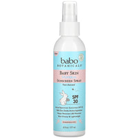 Babo Botanicals, Baby Skin Mineral Sunscreen Spray, SPF 30, Fragrance Free, 6 fl oz (177 ml) UPC 899248010854