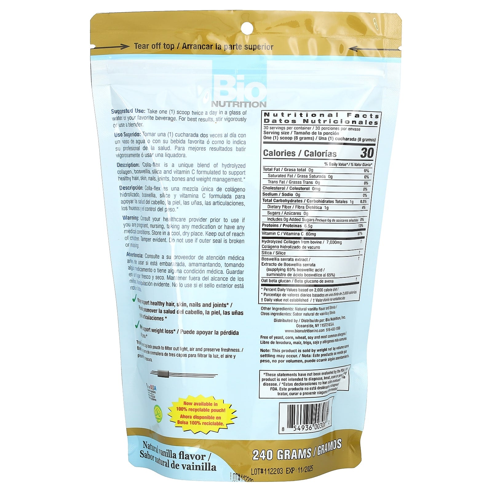 Bio Nutrition, Colla-Flex, 240 Gms UPC 854936003082 | Hilife Vitamins