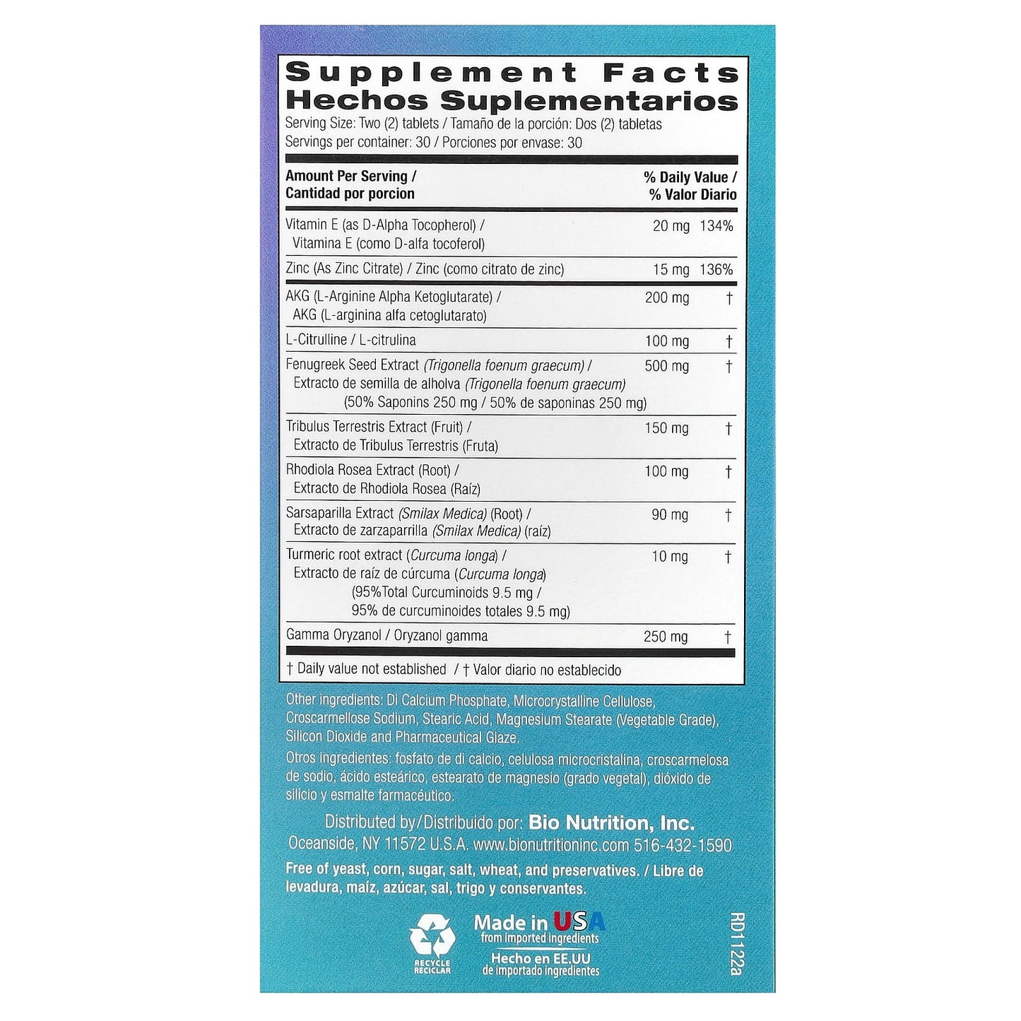 Bio Nutrition, Testosterone Wellness, 60 Tablets UPC 854936003136 | Hilife Vitamins