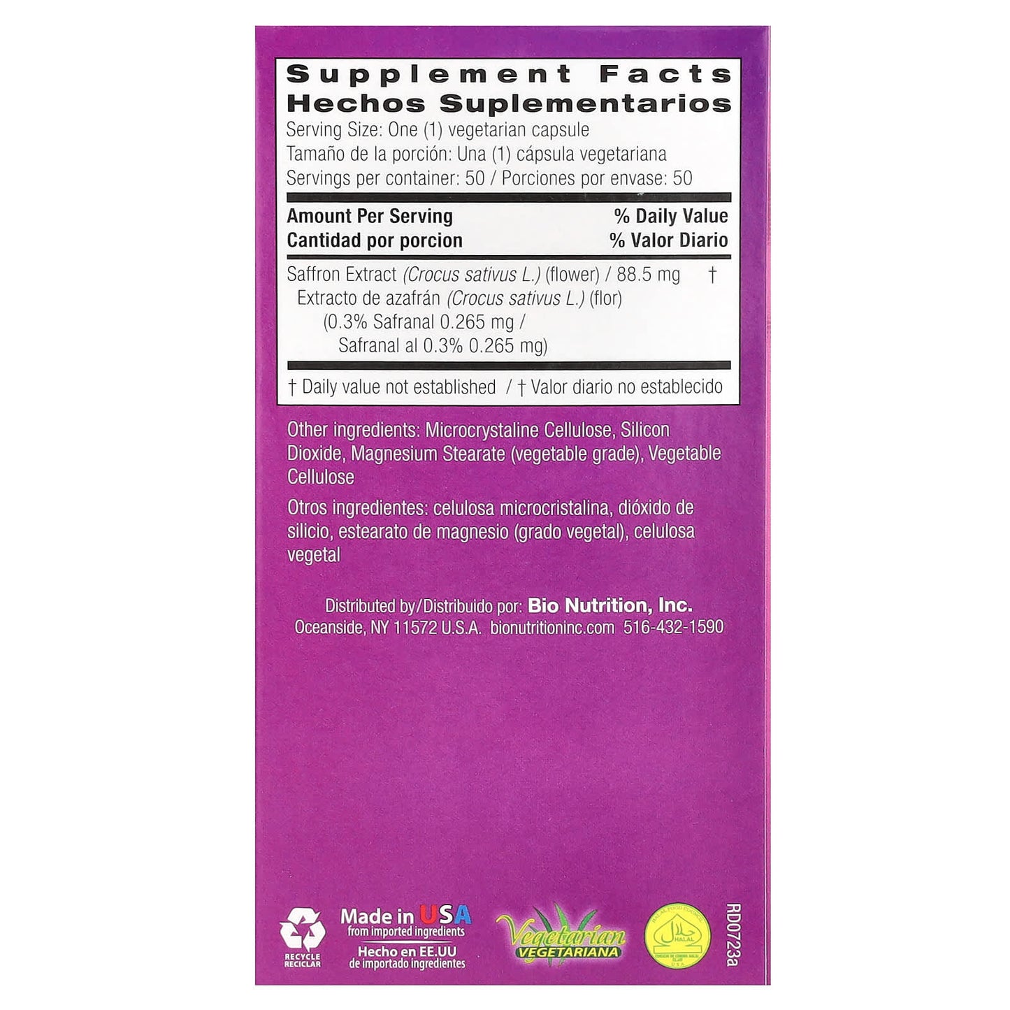 Bio Nutrition, Standardized Saffron Extract, 50 Capsules UPC 854936003174 | Hilife Vitamins