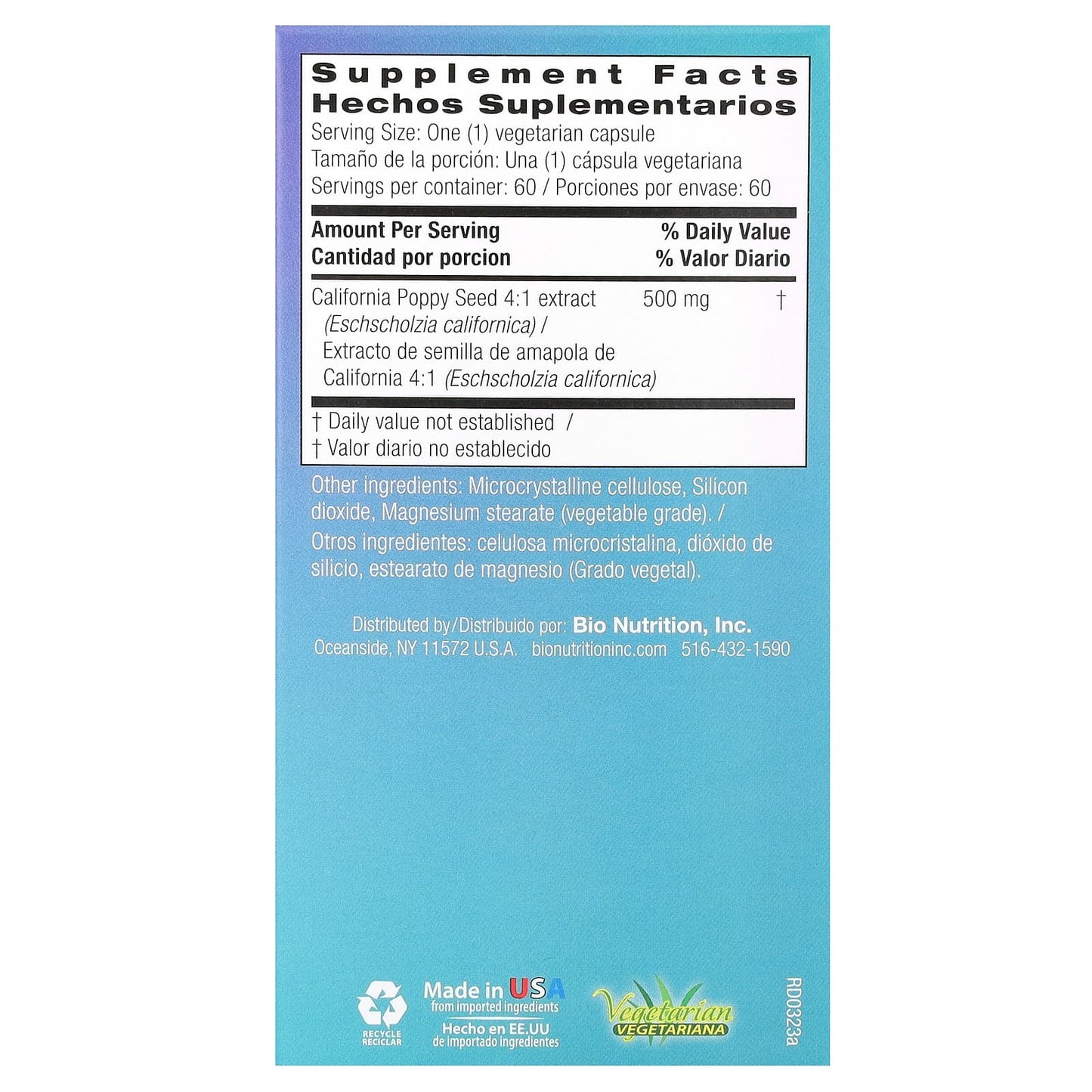 Bio Nutrition, California Poppy Seed, 60 Vegetarian Capsules UPC 854936003204 | Hilife Vitamins