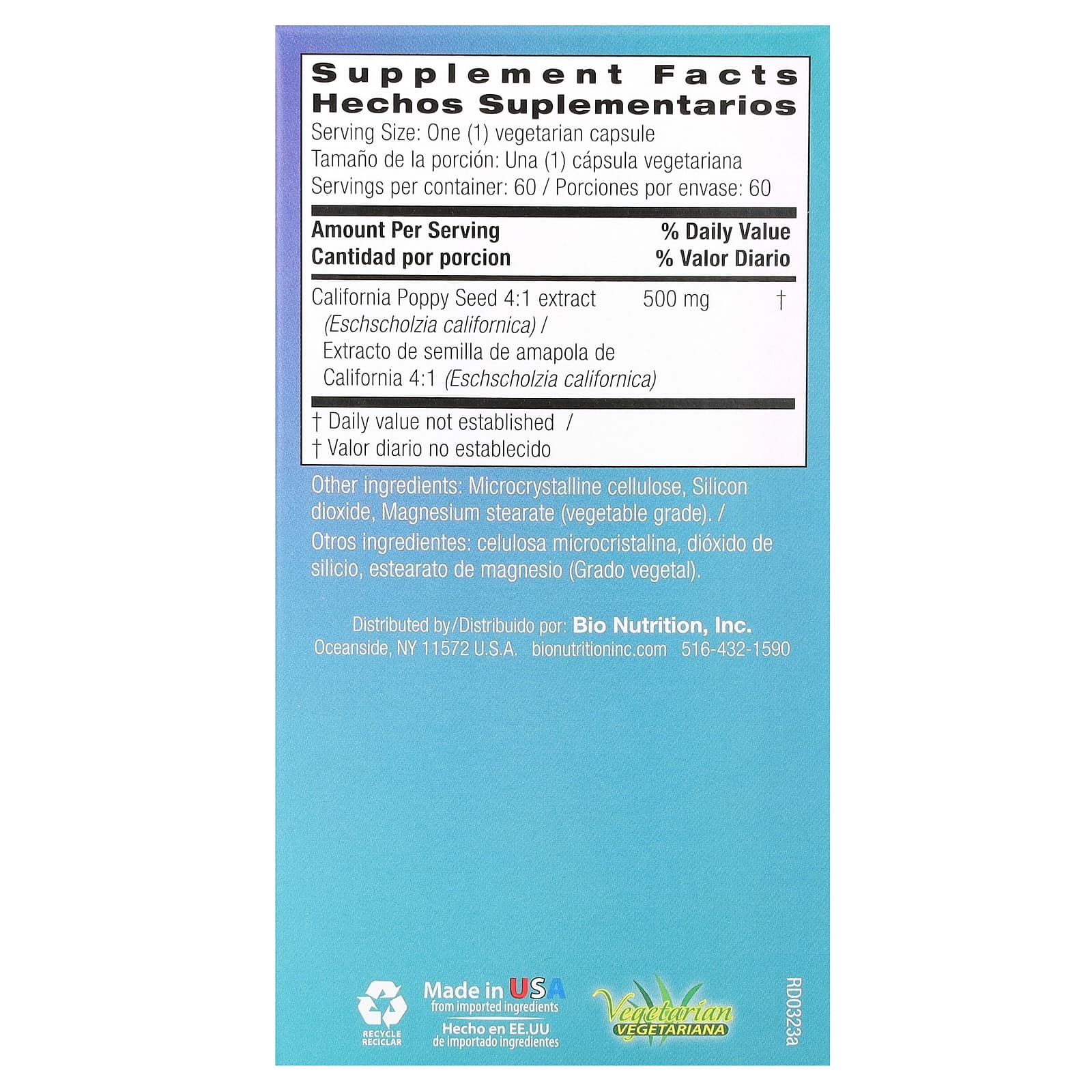 Bio Nutrition, California Poppy Seed, 60 Vegetarian Capsules UPC 854936003204 | Hilife Vitamins