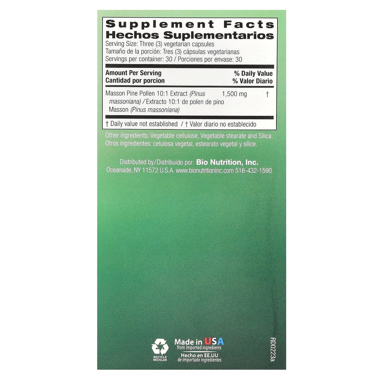 Bio Nutrition, Pine Pollen 1,500 mg, 90 Capsules UPC 854936003815 | Hilife Vitamins