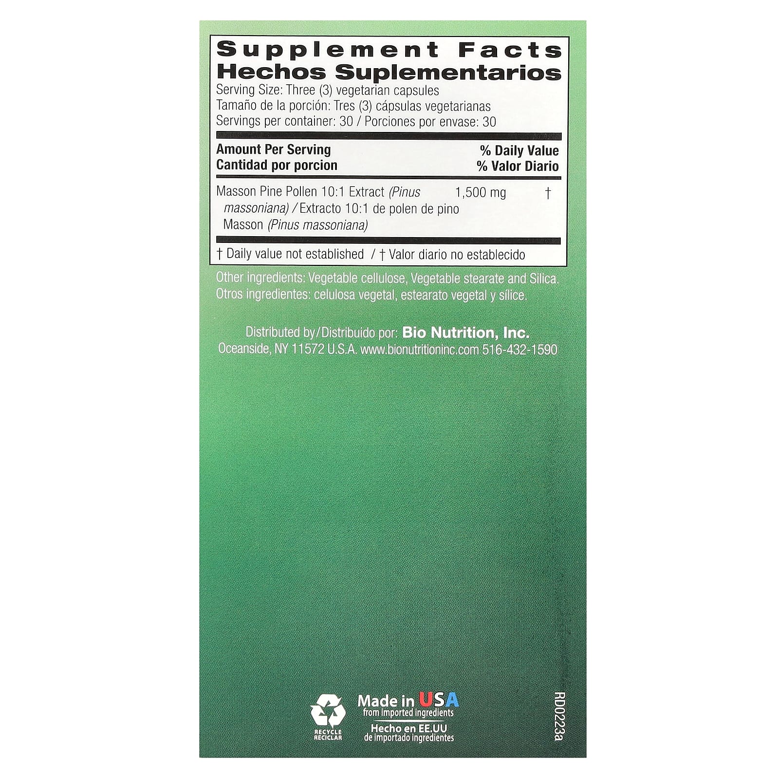 Bio Nutrition, Pine Pollen 1,500 mg, 90 Capsules UPC 854936003815 | Hilife Vitamins