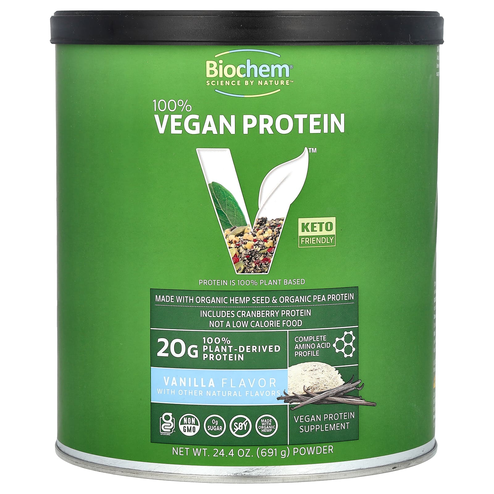 Biochem, 100% Vegan Protein Powder, Vanilla, 24.4 oz (691 g) UPC 015794017950 | HiLife Vitamins