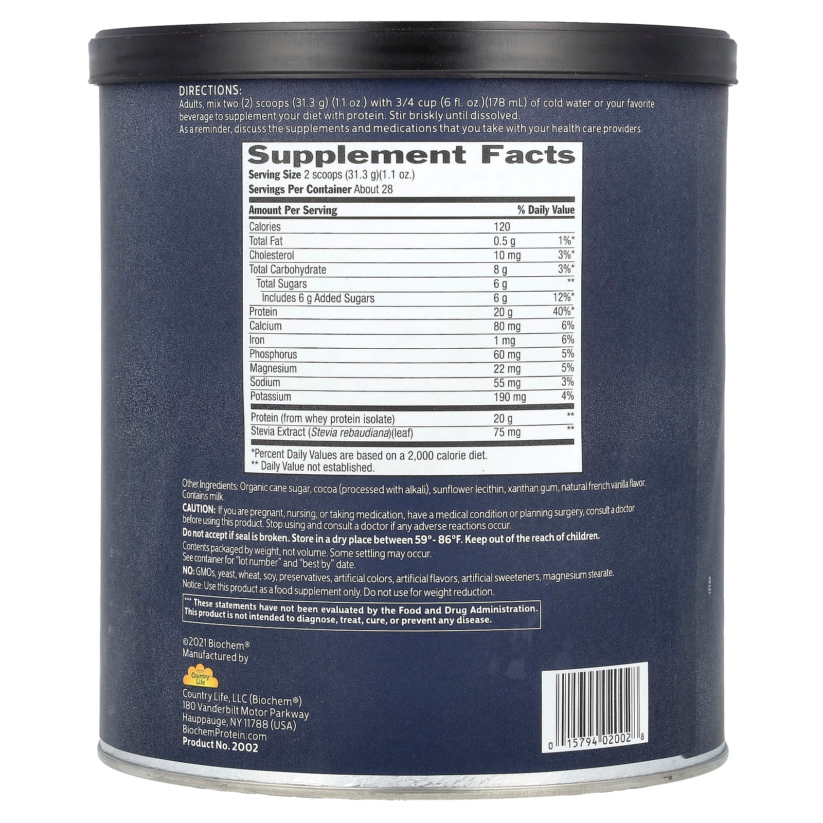 Biochem, 100% Whey Isolate Protein, Chocolate, 1.9 lbs (878 g) UPC 015794020028 | HiLife Vitamins