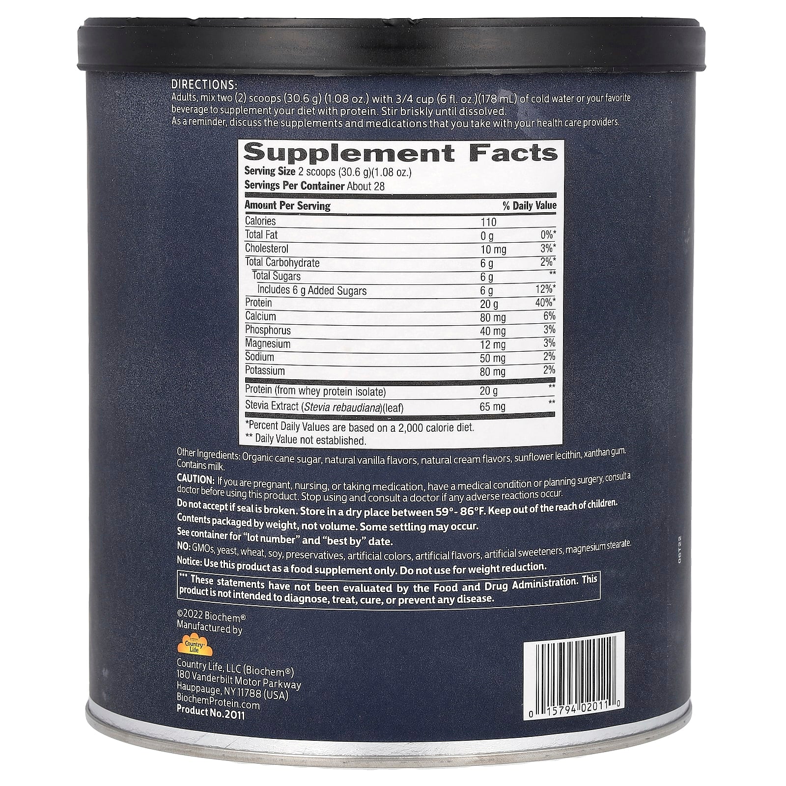 Biochem, 100% Whey Isolate Protein Powder, Vanilla, 1.8 lbs (857 g) UPC 015794020110 | HiLife Vitamins