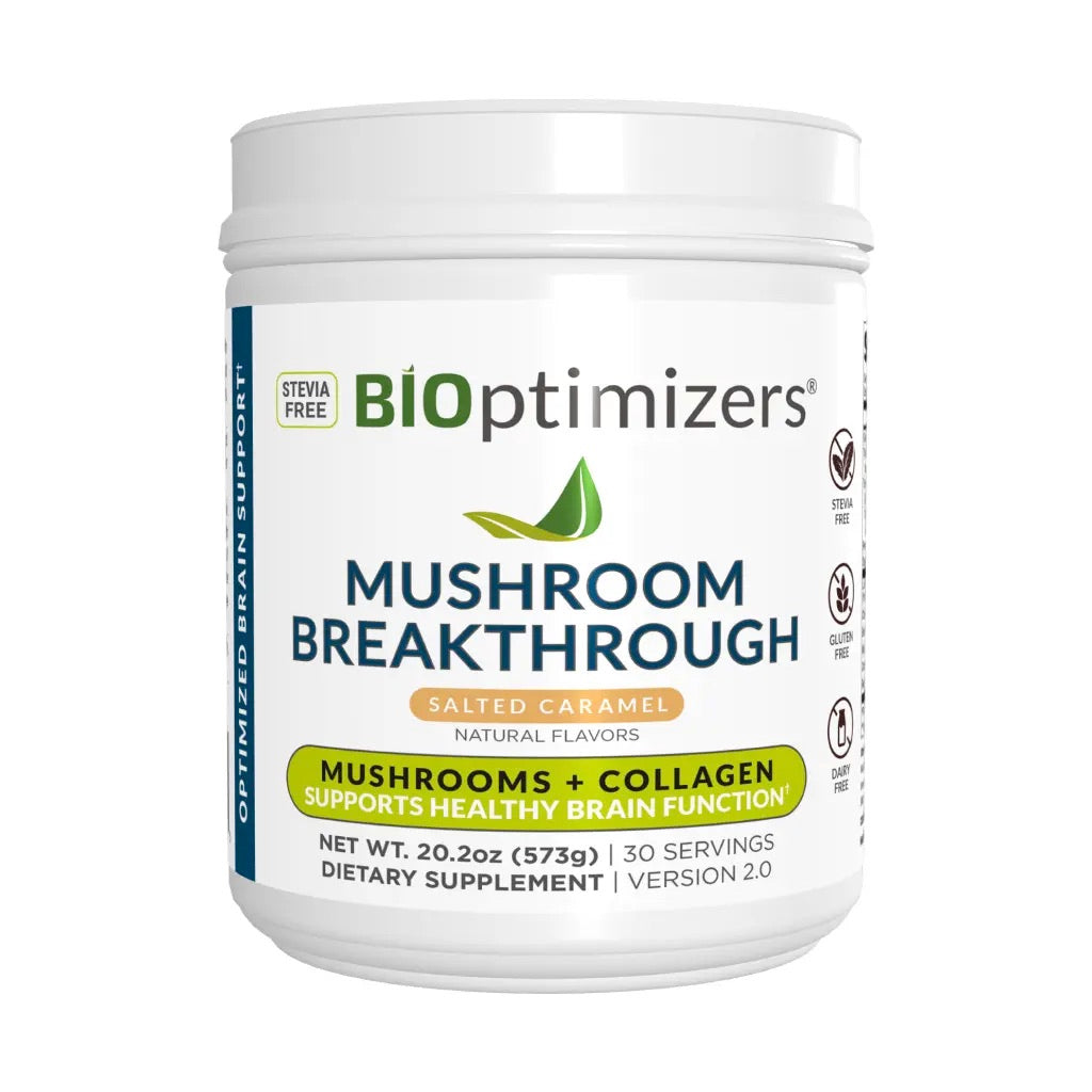 BiOptimizers, Mushroom Breakthrough, Mushrooms + Collagen Powder Salted Caramel, 20.2 oz (573g) UPC 850018116725 | HiLife Vitamins