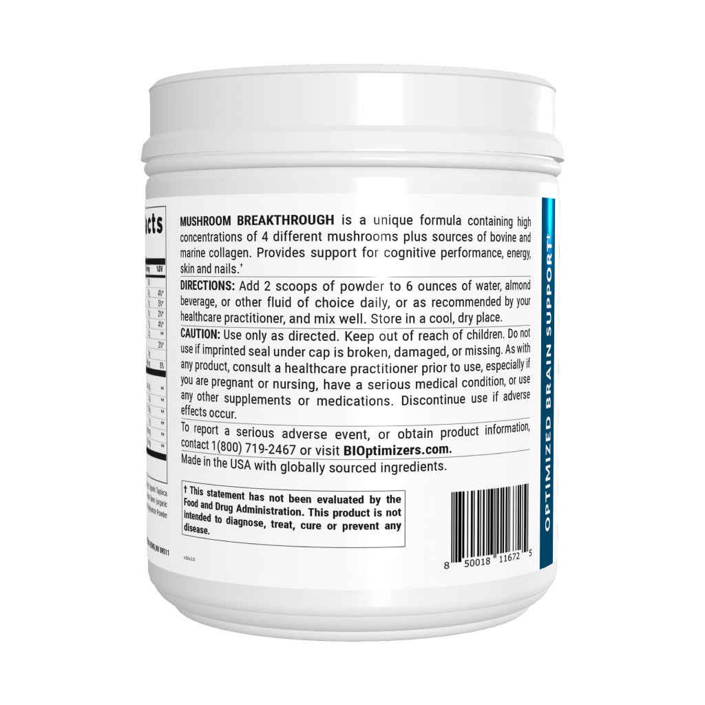 BiOptimizers, Mushroom Breakthrough, Mushrooms + Collagen Powder Salted Caramel, 20.2 oz (573g) UPC 850018116725 | HiLife Vitamins