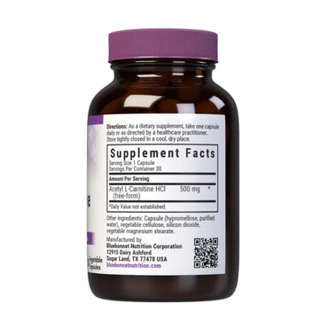 Bluebonnet, Acectyl L-Carnitine 500 mg, 30 Capsules - 743715000179 | Hilife Vitamins