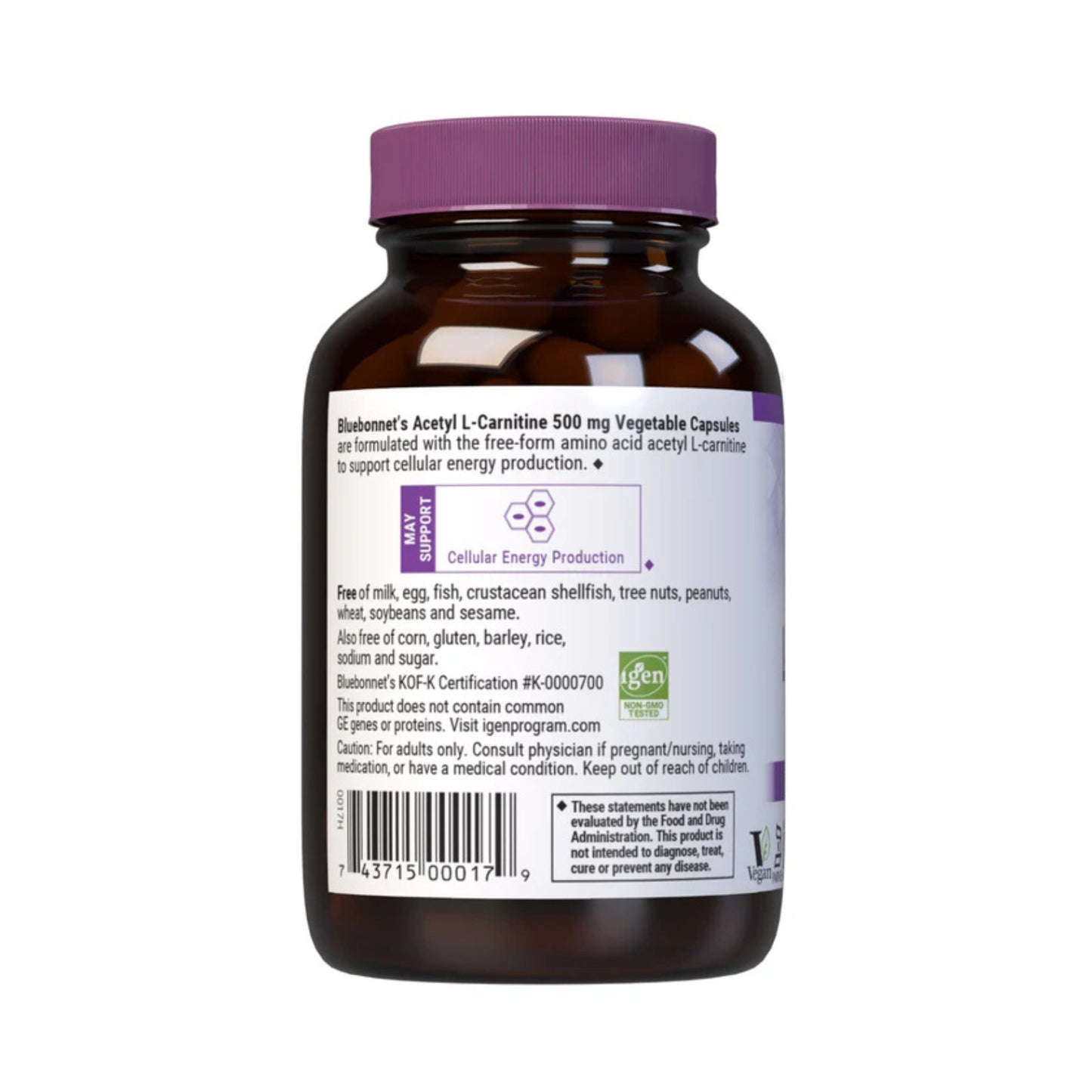 Bluebonnet, Acectyl L-Carnitine 500 mg, 30 Capsules UPC 743715000179 | Hilife Vitamins