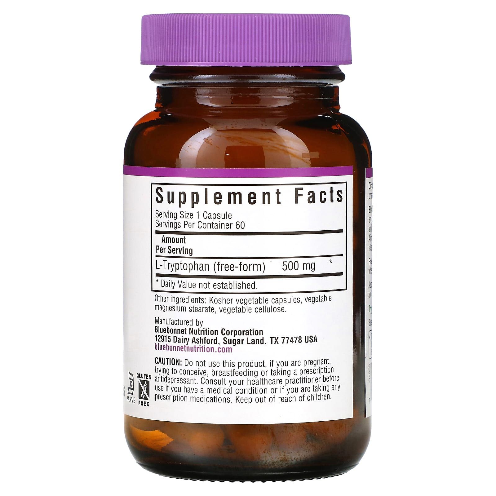 Bluebonnet, L-tryptophan 500 Mg, 60 Vegetarian Capsules UPC 743715000940 | Hilife Vitamins