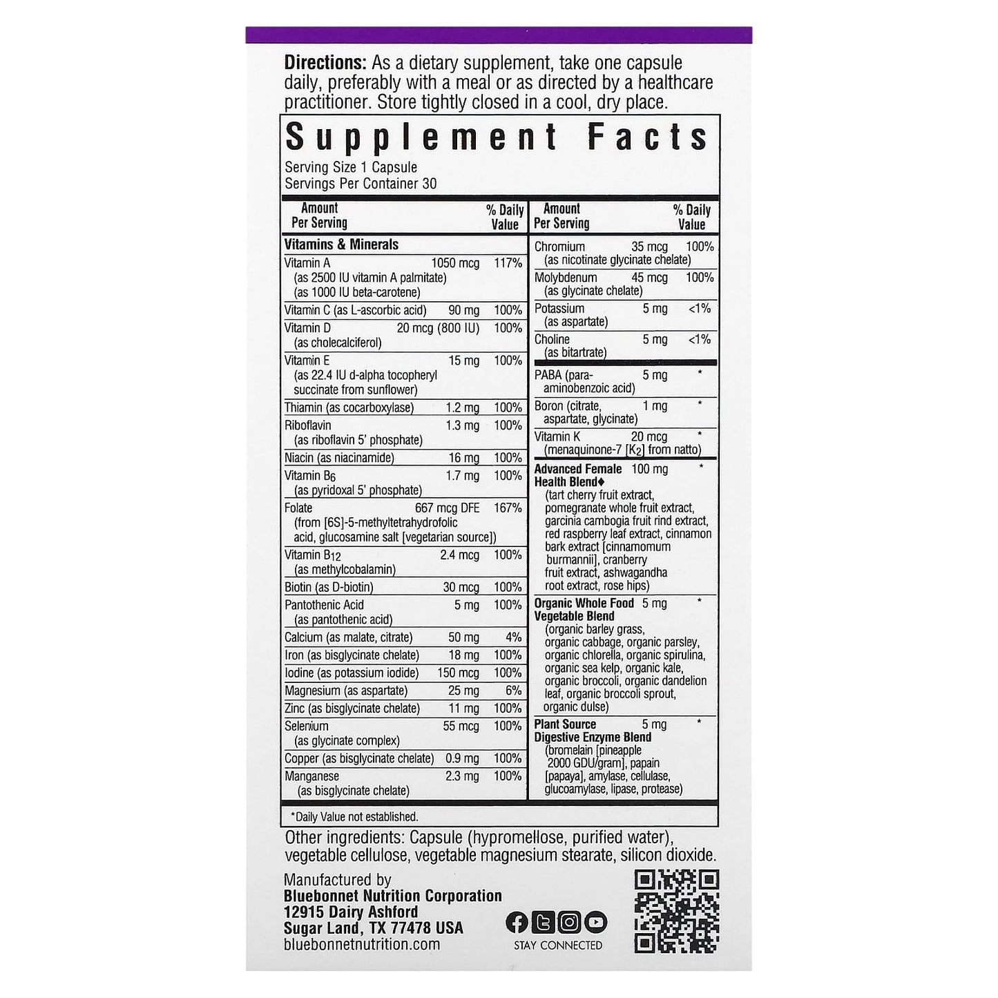 Bluebonnet, Ladies' ONE, Whole Food-Based Multiple, 30 Vegetable Capsules UPC 743715001329 | Hilife Vitamins
