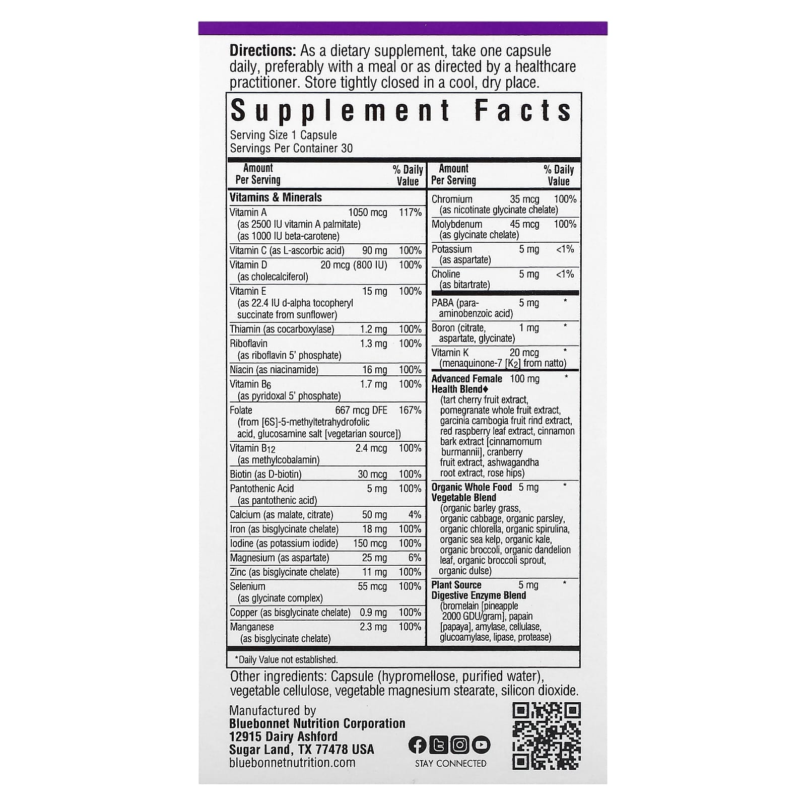 Bluebonnet, Ladies' ONE, Whole Food-Based Multiple, 30 Vegetable Capsules UPC 743715001329 | Hilife Vitamins
