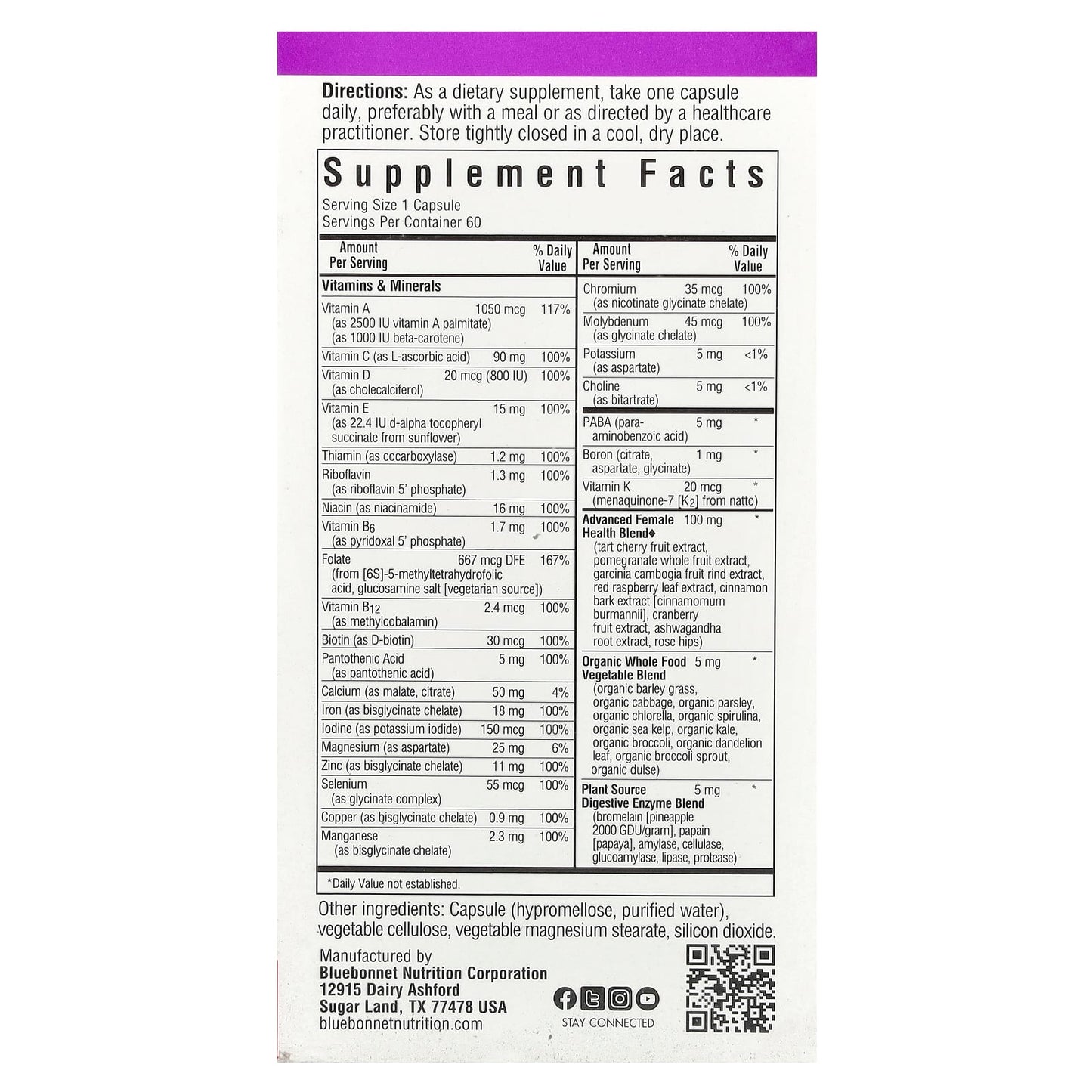 Bluebonnet, Ladies One Whole Food-Based Multiple, 60 Vegetarian Capsules UPC 743715001350 | Hilife Vitamins