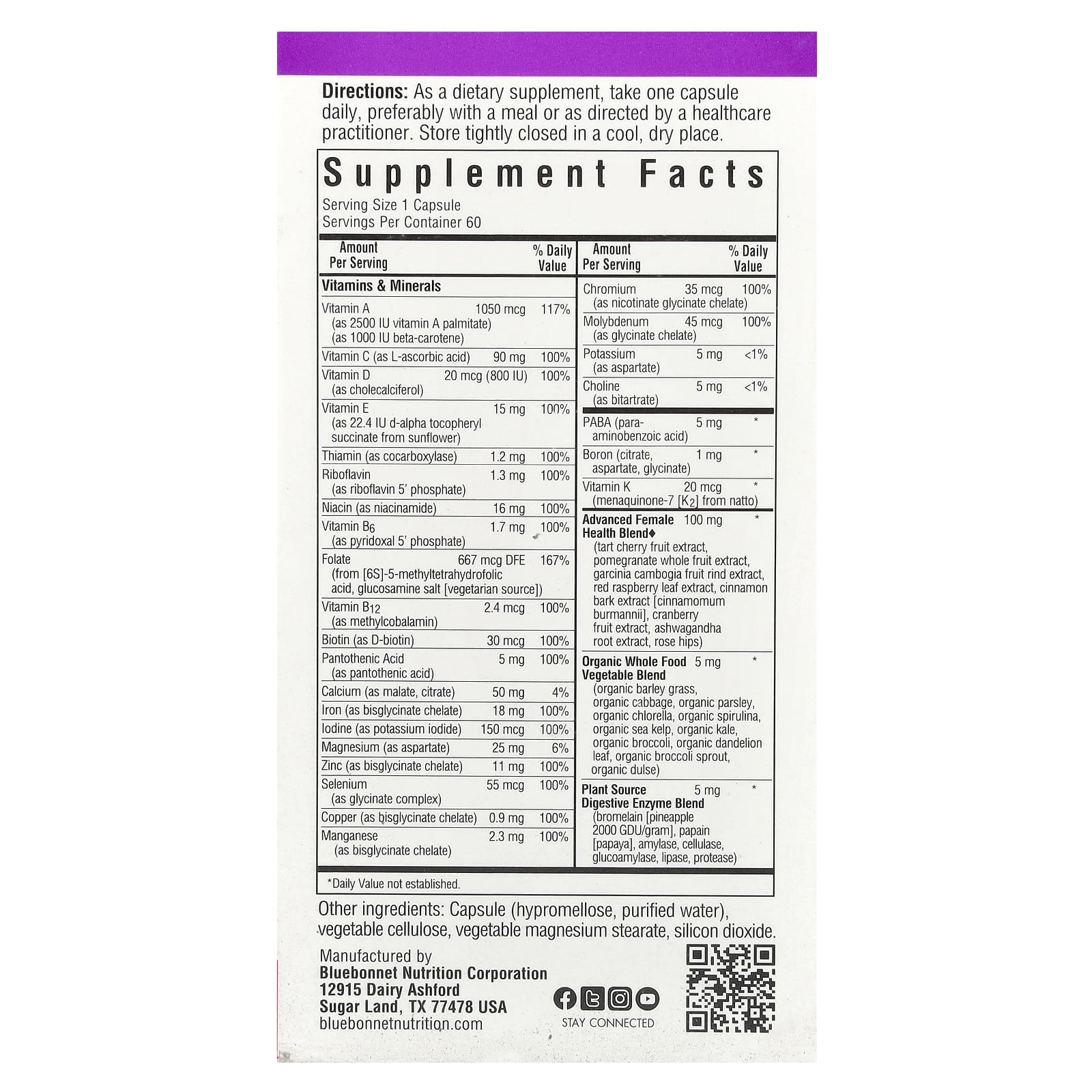Bluebonnet, Ladies One Whole Food-Based Multiple, 60 Vegetarian Capsules UPC 743715001350 | Hilife Vitamins