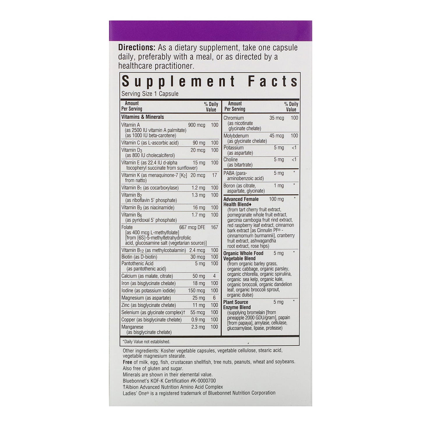 Bluebonnet, LADIES’ ONE, Whole Food-Based Multiple, Multivitamin, 90 Vegetarian Capsules UPC 743715001374 | Hilife Vitamins