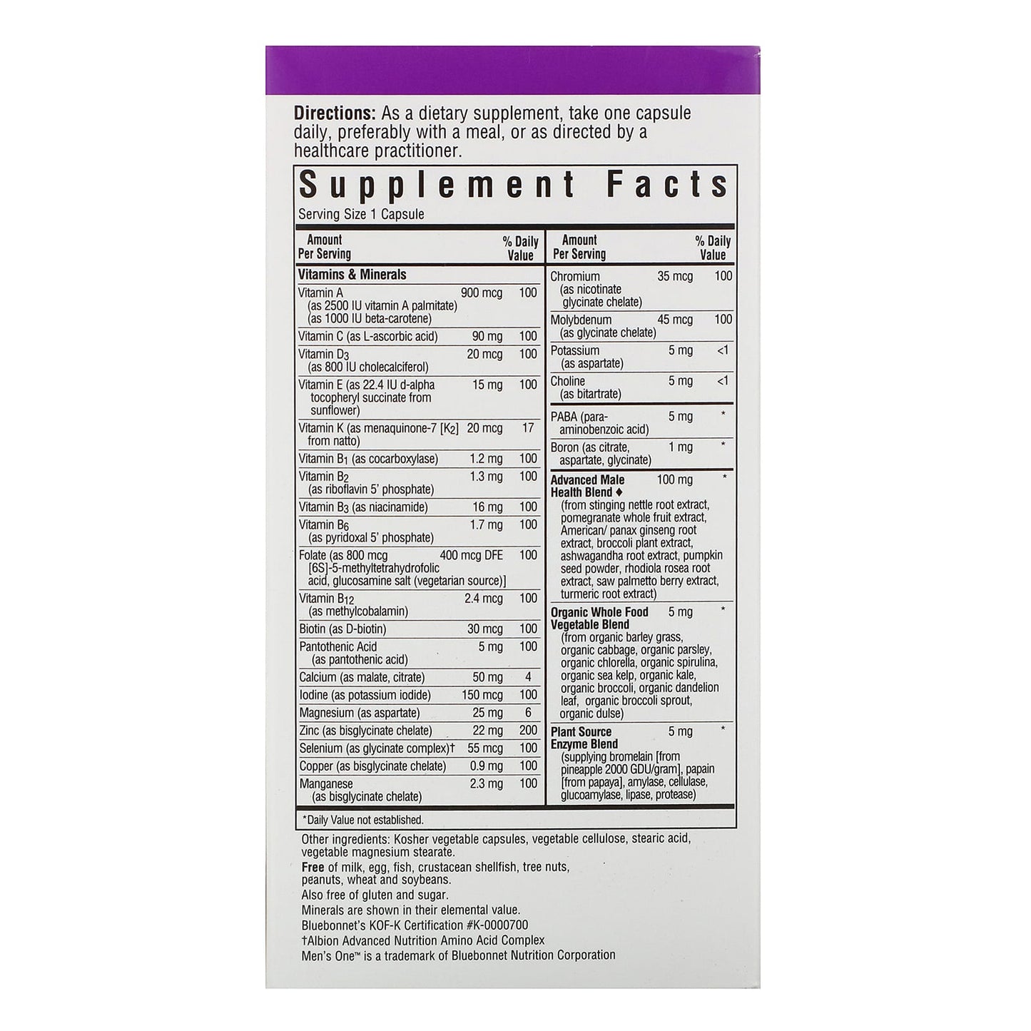 Bluebonnet, MEN’S ONE, Whole Food-Based Multiple, Multivitamin, 90 Vegetarian Capsules UPC 743715001435 | Hilife Vitamins