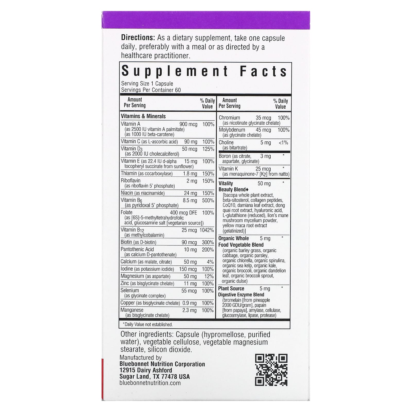 Bluebonnet, LADIES’ ONE® 40+ WHOLE FOOD-BASED MULTIPLE, 60 Vegetarian Capsules UPC 743715001558 | Hilife Vitamins
