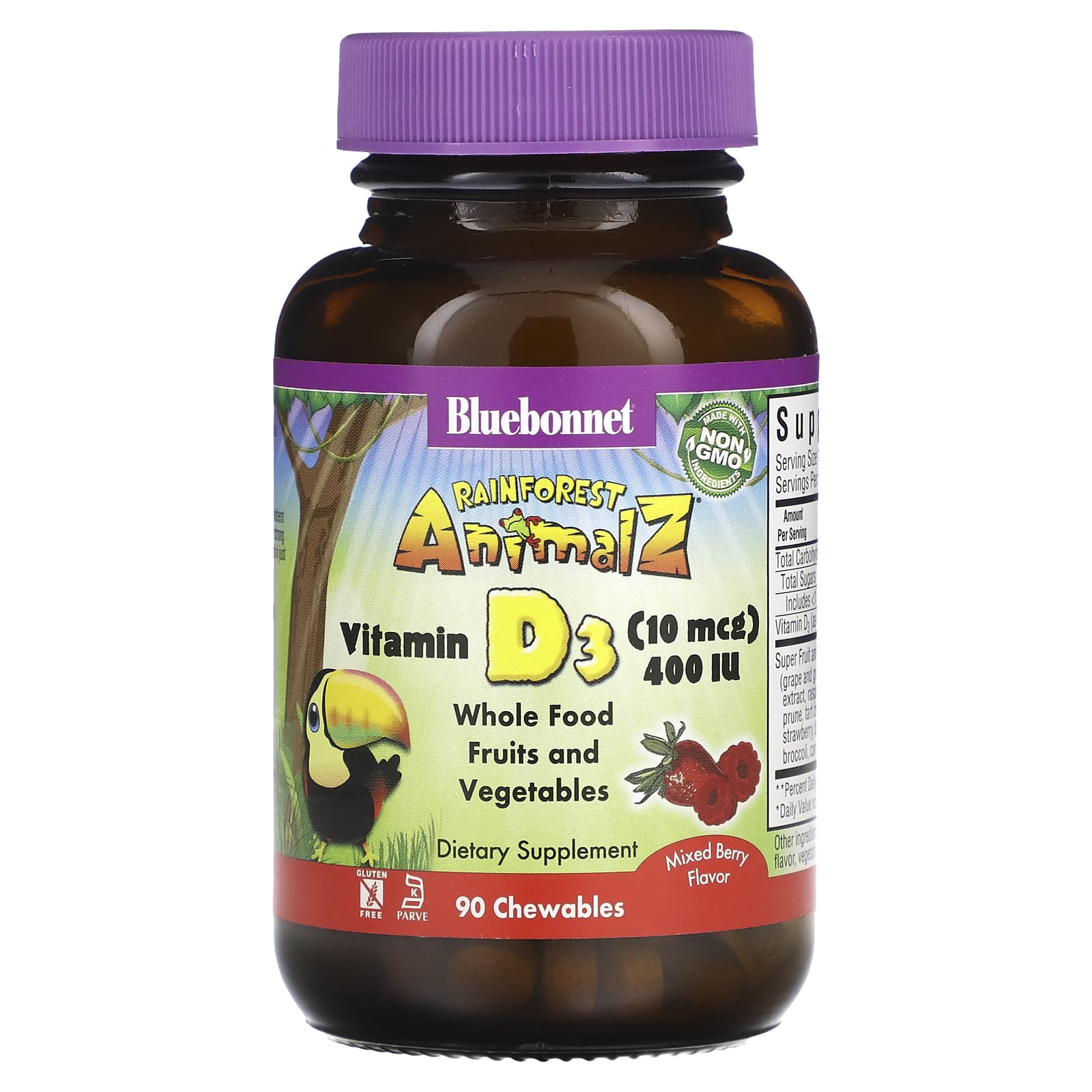 Bluebonnet, Rainforest Animalz, Vitamin D3 400 IU Mixed Berry, 90 Tablets UPC 743715001947 | Hilife Vitamins