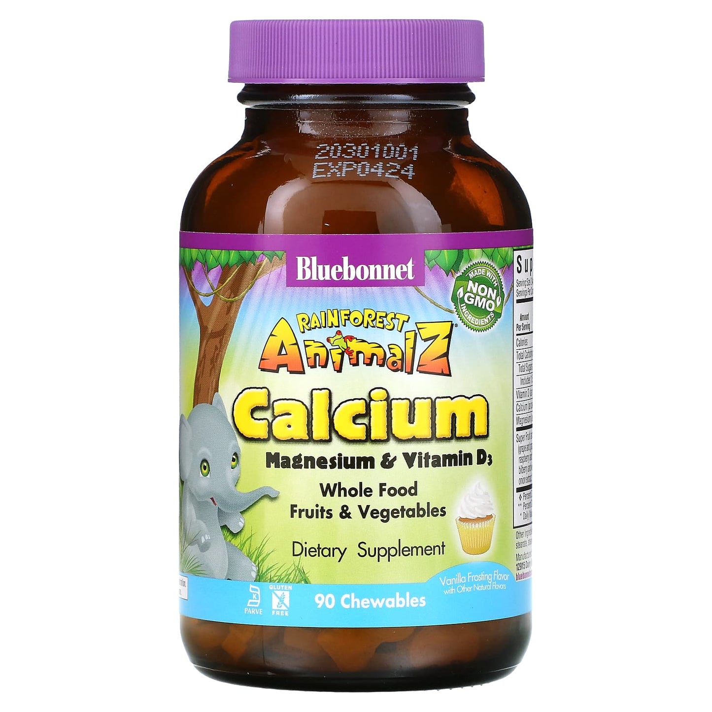 Bluebonnet, Super Earth Rainforest animalz Calcium Magnesium & Vitamin D3 Natural Vanilla Swirl, 90 Tablets UPC 743715001961