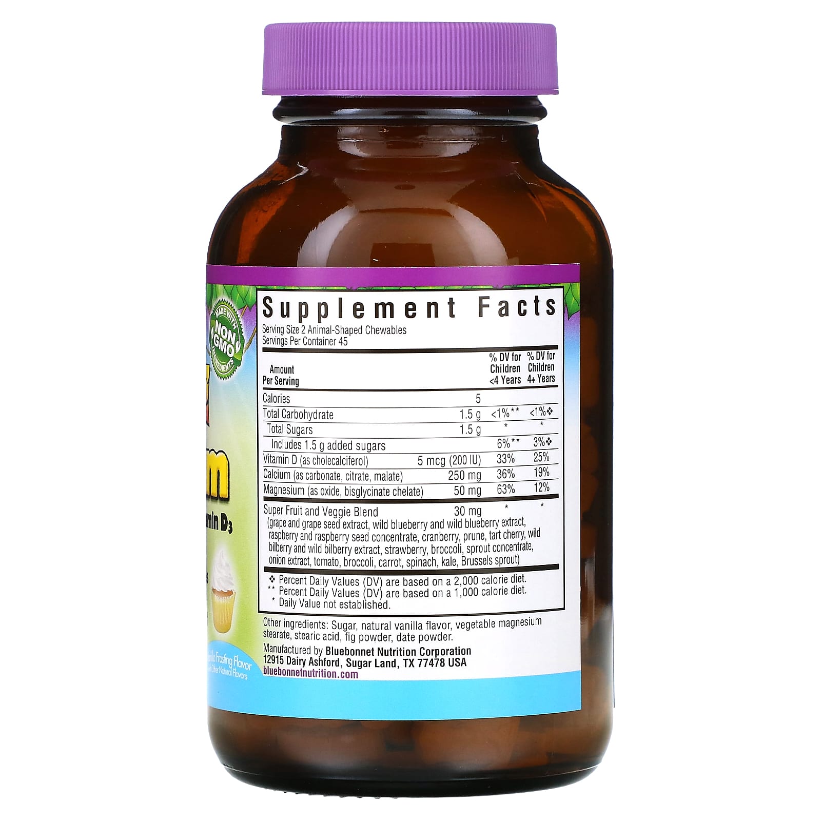Bluebonnet, Super Earth Rainforest animalz Calcium Magnesium & Vitamin D3 Natural Vanilla Swirl, 90 Tablets UPC 743715001961