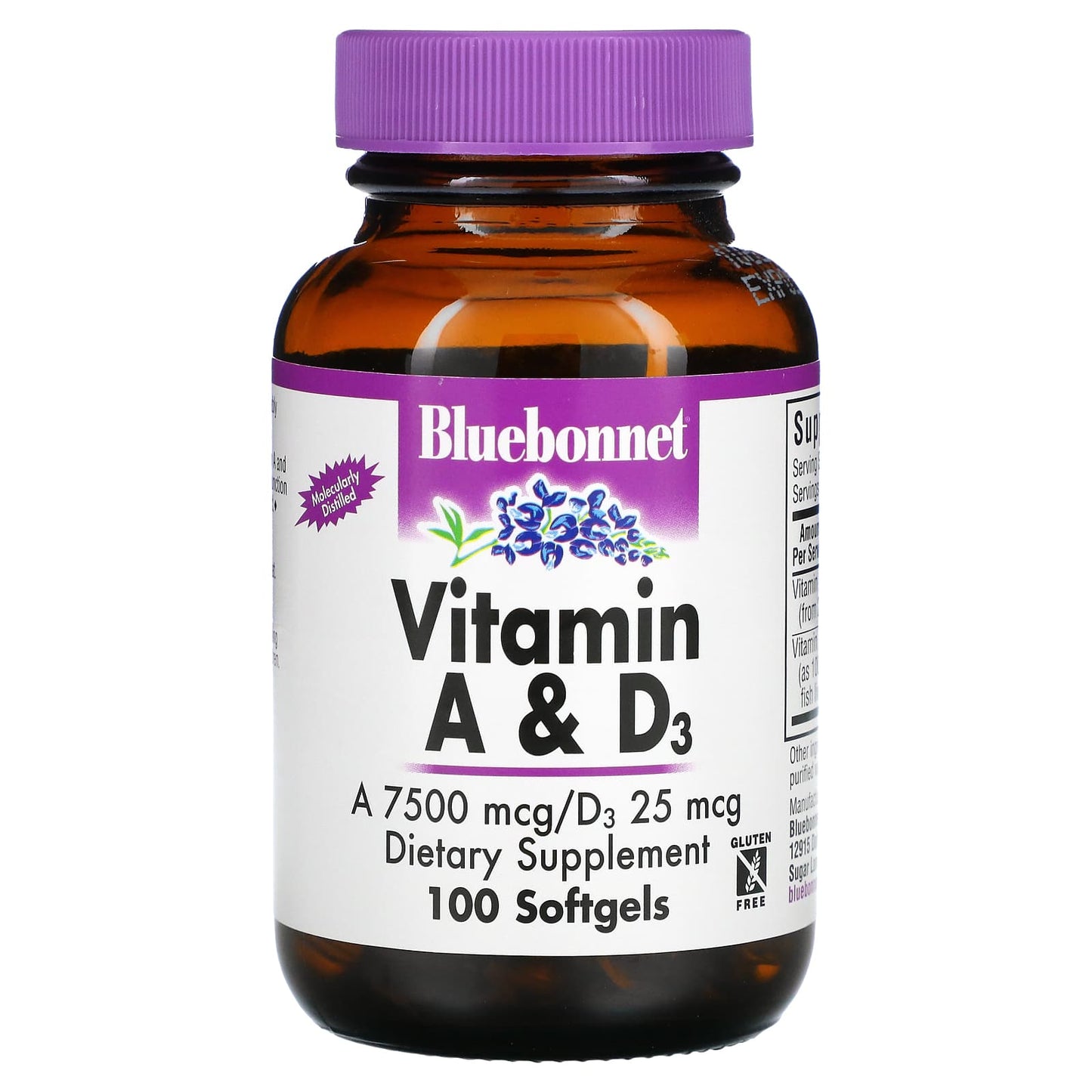 Bluebonnet, Vitamin A & D3, 7500 mcg / 25 mcg, 100 Softgels UPC 743715003033 | Hilife Vitamins