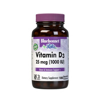 Bluebonnet, Vitamin D3, 25 mcg (1000 IU), Lanolin Source, 180 Vegetable Capsules UPC 743715003132 | HiLife Vitamins