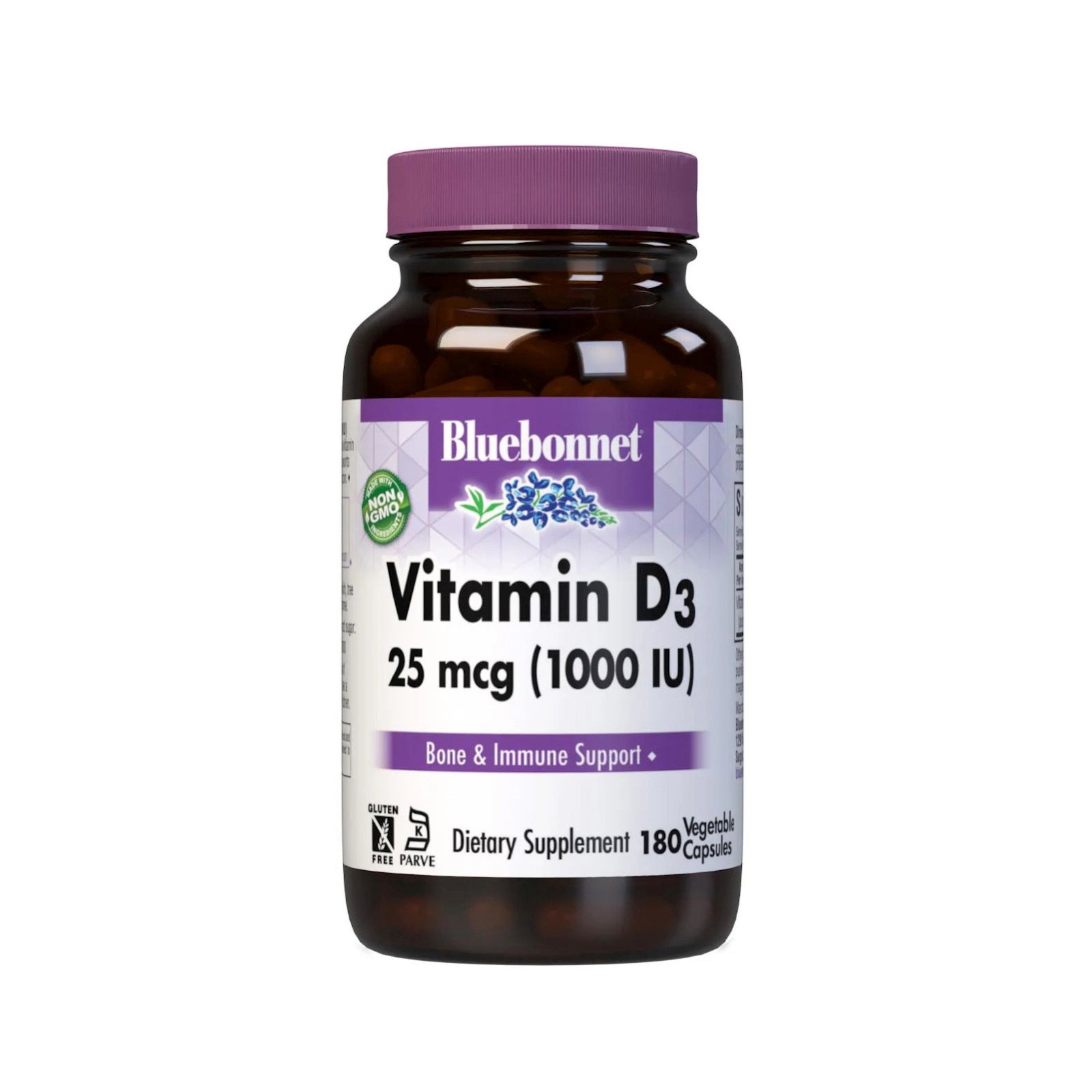 Bluebonnet, Vitamin D3, 25 mcg (1000 IU), Lanolin Source, 180 Vegetable Capsules UPC 743715003132 | HiLife Vitamins