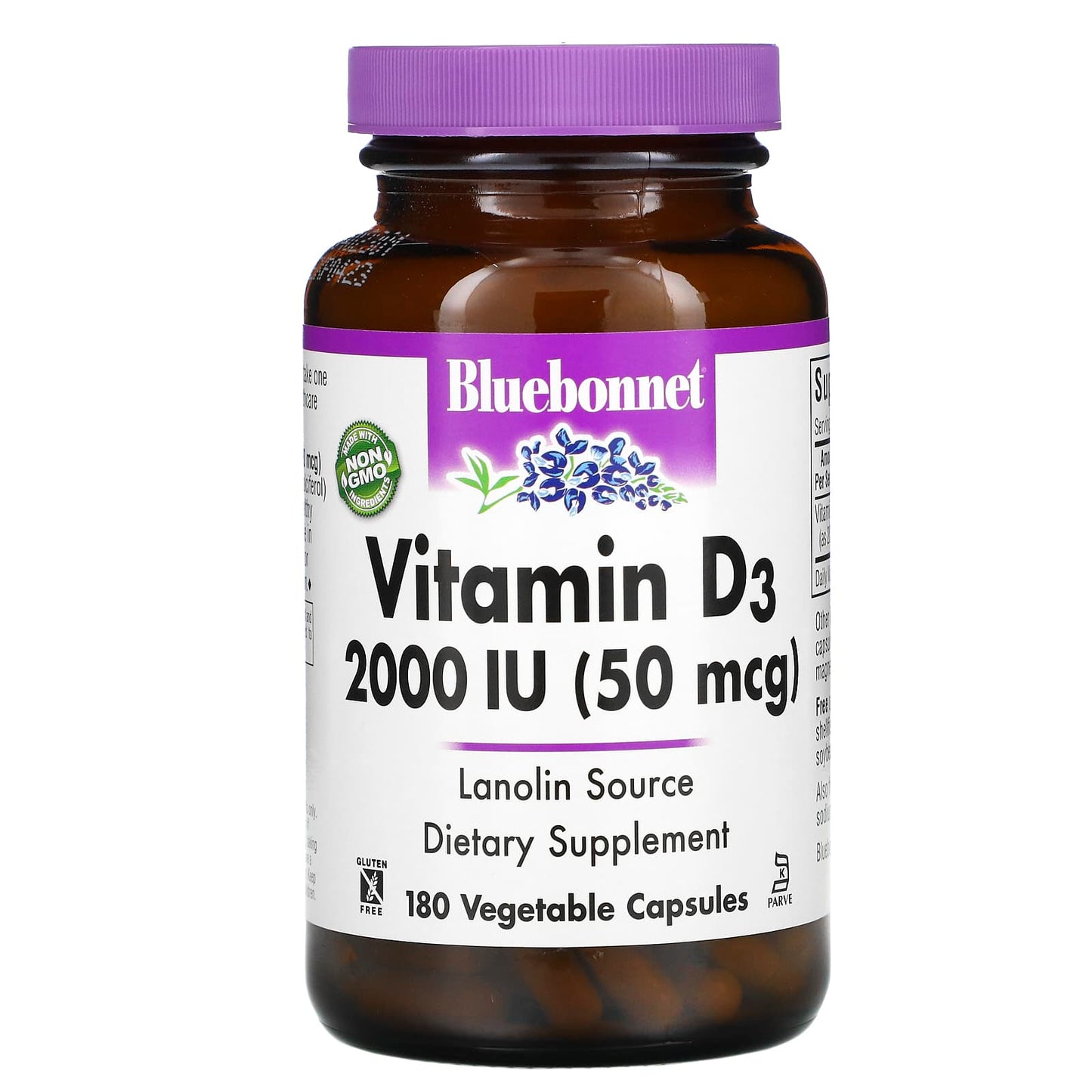 Bluebonnet, Vitamin D3, 50 mcg (2000 IU), 180 Vegetable Capsules UPC 743715003156 | Hilife Vitamins