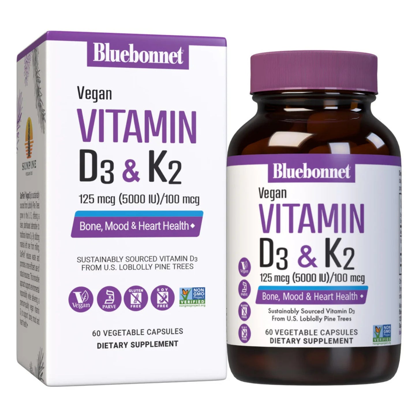 Bluebonnet, Vegan Vitamin D3 & K2, 125 mcg (5000 IU) &  K2 100 mcg UPC 743715003347 | Hilife Vitamins