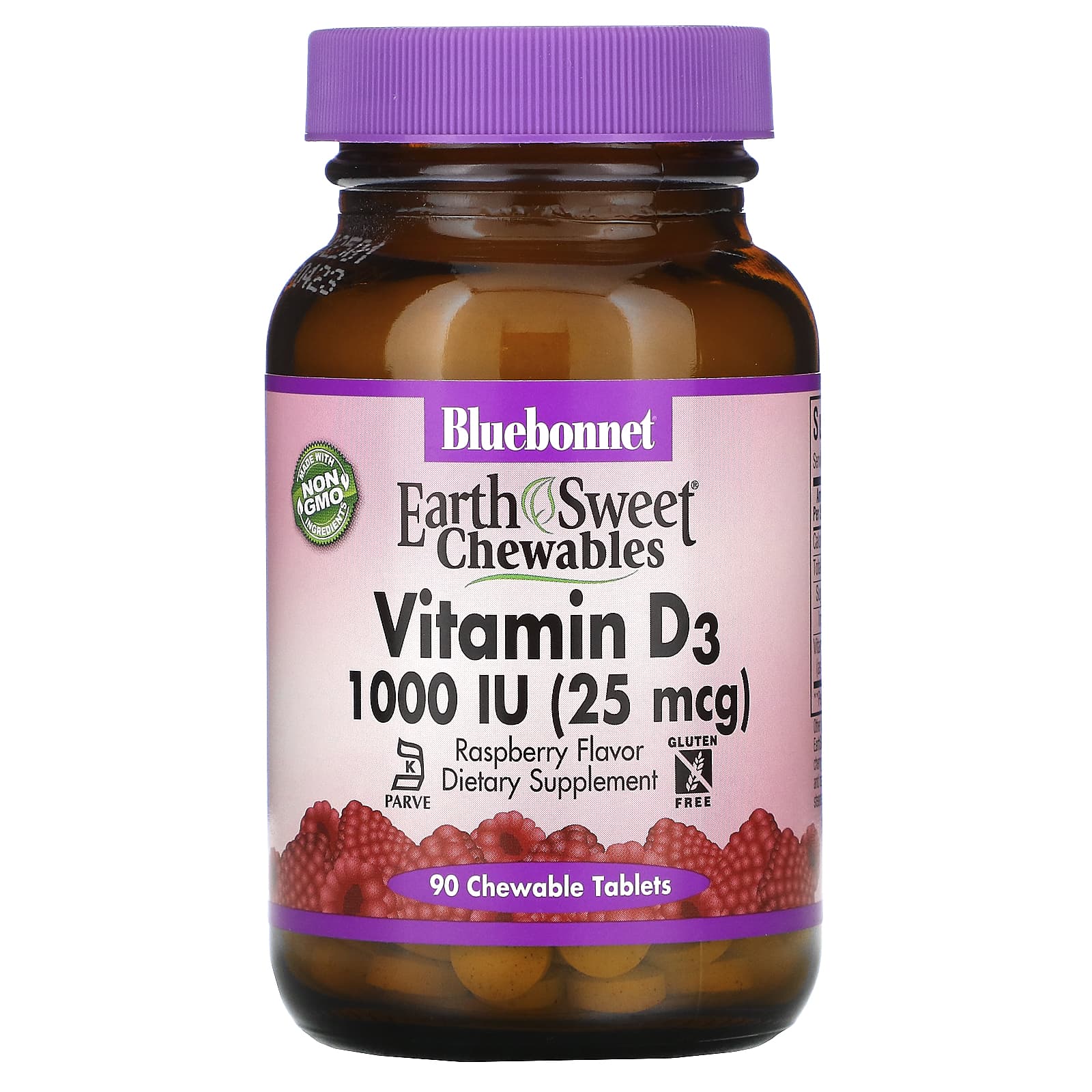Bluebonnet, Earthsweet Vitamin D3 1000 IU Raspberry Flavor, 90 Chewable Tablets UPC 743715003620 | Hilife Vitamins