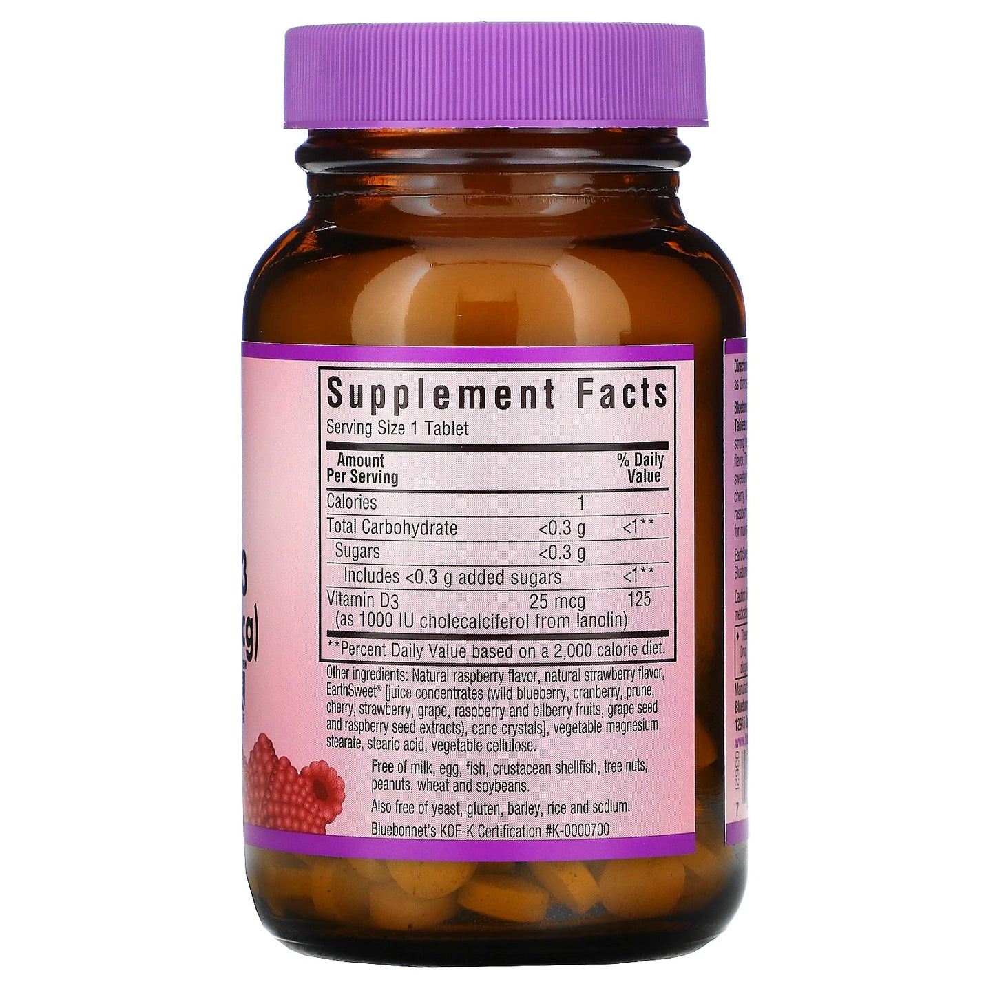Bluebonnet, Earthsweet Vitamin D3 1000 IU Raspberry Flavor, 90 Chewable Tablets UPC 743715003620 | Hilife Vitamins