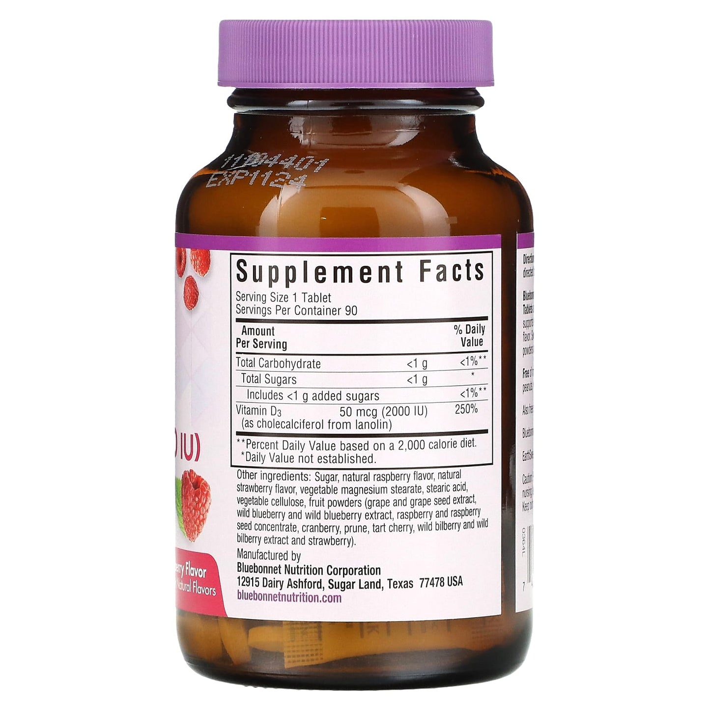 Bluebonnet, Vitamin D3, 50 mcg (2000 IU), Earth Sweet Chewables, Raspberry Flavor, 90 Chewable Tablets UPC 743715003644