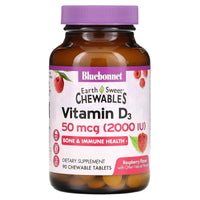 Bluebonnet, Vitamin D3, 50 mcg (2000 IU), Earth Sweet Chewables, Raspberry Flavor, 90 Chewable Tablets UPC 743715003644