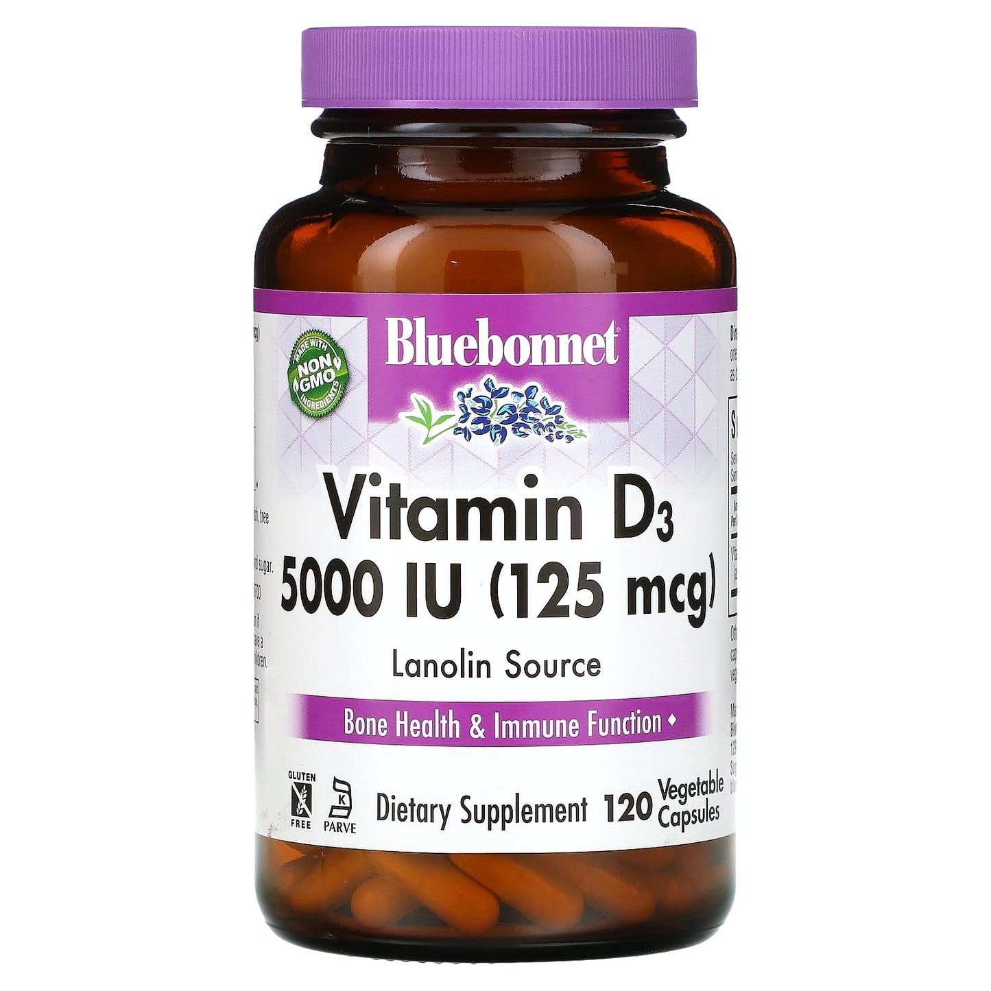 Bluebonnet, Vitamin D3, 125 mcg (5000 IU), Lanolin Source, 120 Vegetable Capsules UPC 743715003699 | Hilife Vitamins