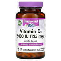 Bluebonnet, Vitamin D3, 125 mcg (5000 IU), Lanolin Source, 120 Vegetable Capsules UPC 743715003699 | Hilife Vitamins