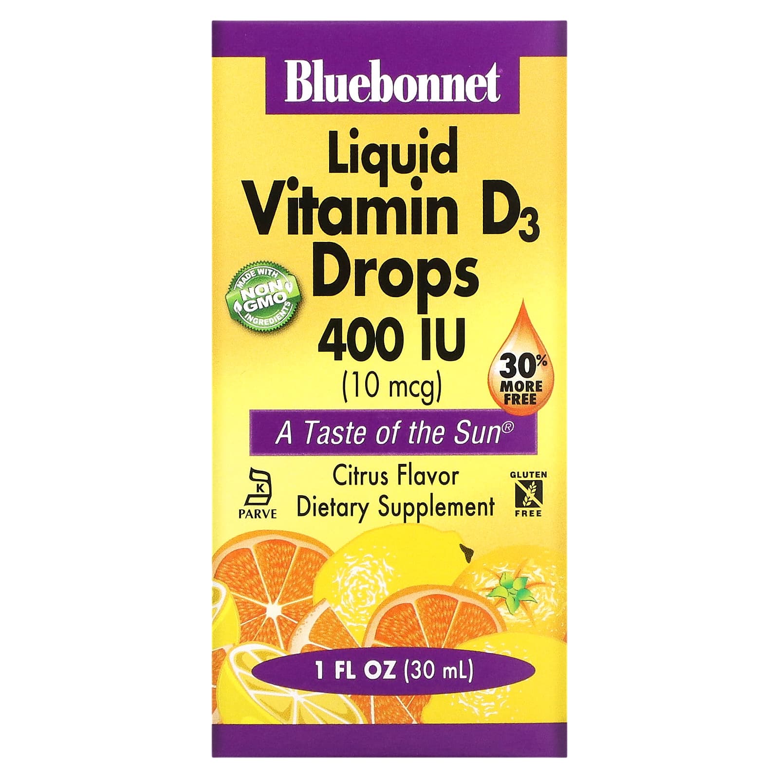 Bluebonnet, Liquid Vitamin D3 Drops 400 iu Citrus flavor, 1 fl oz UPC 743715003729 | Hilife Vitamins