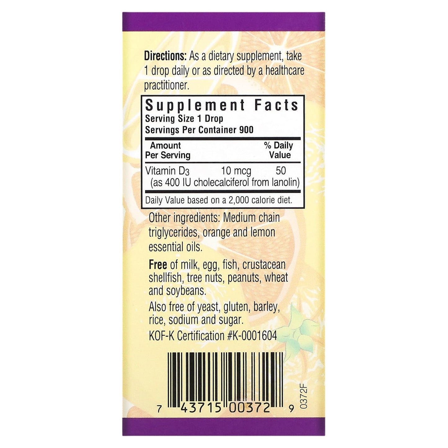 Bluebonnet, Liquid Vitamin D3 Drops 400 iu Citrus flavor, 1 fl oz UPC 743715003729 | Hilife Vitamins