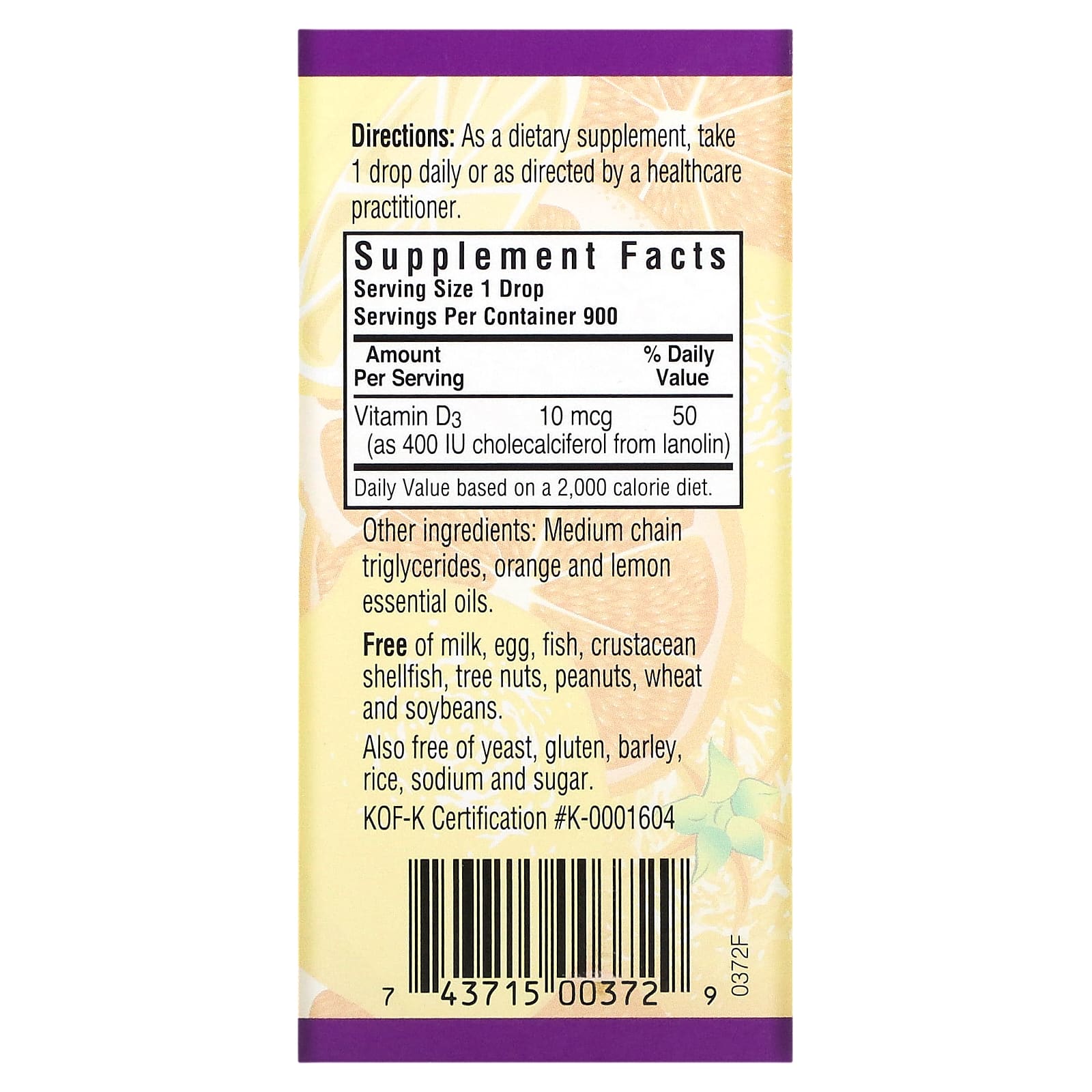Bluebonnet, Liquid Vitamin D3 Drops 400 iu Citrus flavor, 1 fl oz UPC 743715003729 | Hilife Vitamins