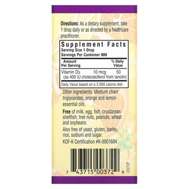 Bluebonnet, Liquid Vitamin D3 Drops 400 iu Citrus flavor, 1 fl oz UPC 743715003729 | Hilife Vitamins