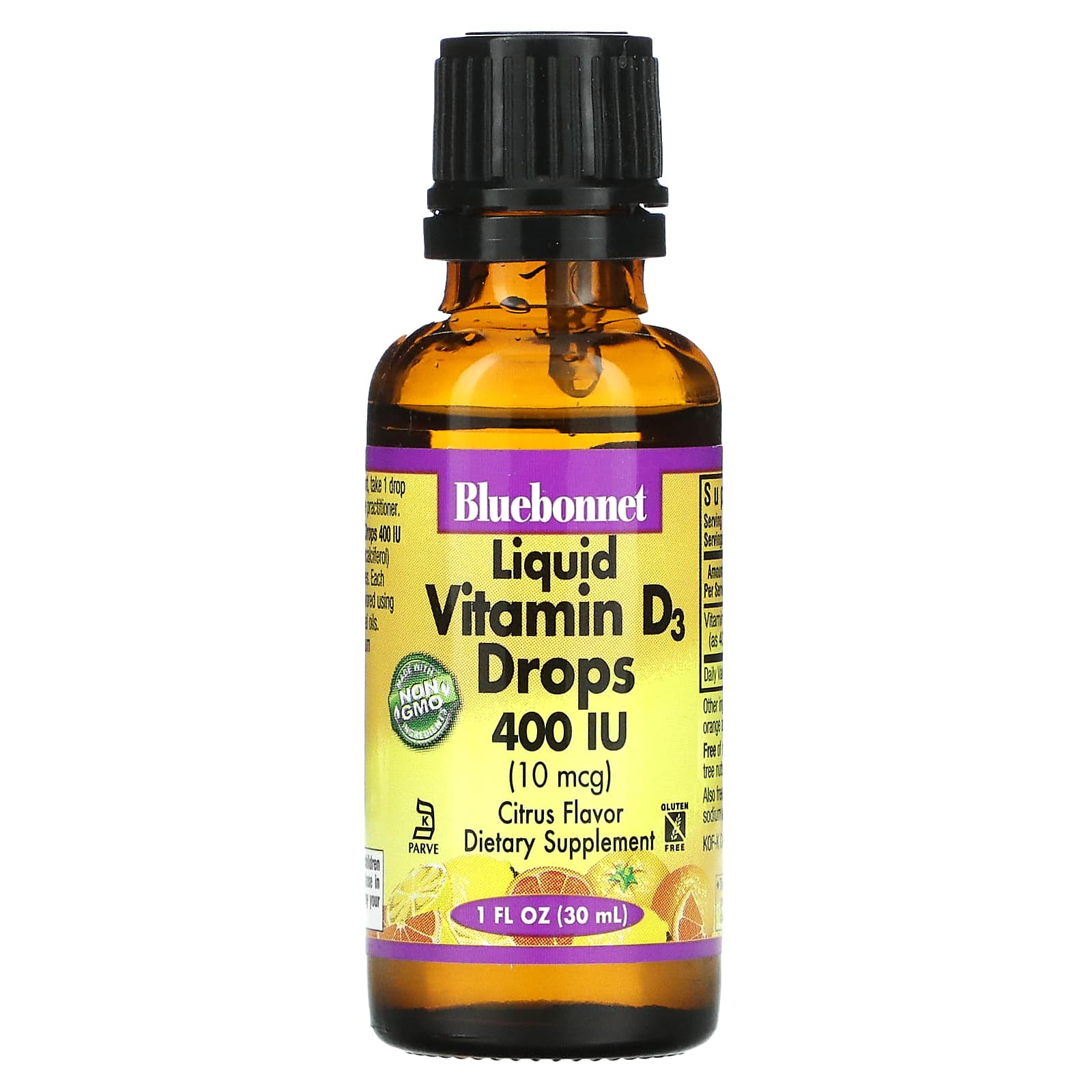 Bluebonnet, Liquid Vitamin D3 Drops 400 iu Citrus flavor, 1 fl oz UPC 743715003729 | Hilife Vitamins