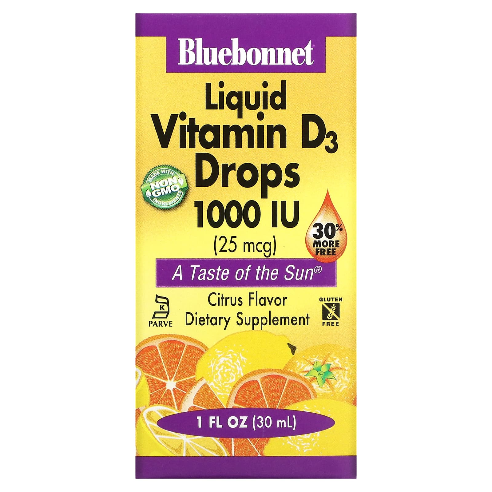 Bluebonnet, Liquid Vitamin D3 Drops 1000 iu Citris Flavor, 1 Fl Oz LIQUID UPC 743715003743 | Hilife Vitamins