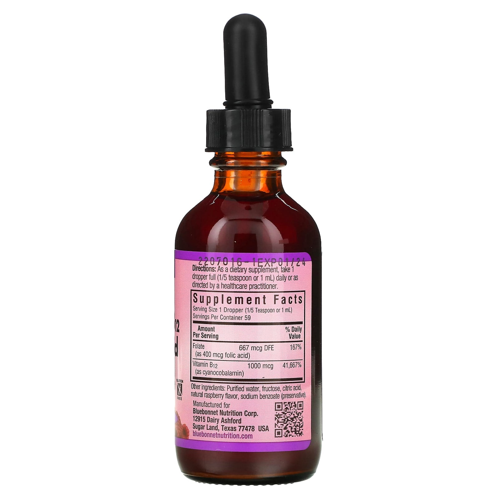 Bluebonnet, Liquid Vitamin B-12 & Folic Acid Raspberry Flavor, 2 oz UPC 743715004337 | Hilife Vitamins